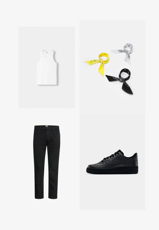Weißes Baumwoll-Trägershirt mit Rundhalsausschnitt, breiten Trägern und geradem Saum, das eine glatte Textur aufweist und keine sichtbaren Muster hat.; Schwarze Jeans aus Denim mit geradem Schnitt, ausgestattet mit einem Knopf- und Reißverschluss, fünf Taschen und minimalen Nähten.; Schwarzer Nike Air Force 1 Schuh mit einem glatten Lederoberteil, perforierter Zehenpartie für Atmungsaktivität, schwarzen Schnürsenkeln und einer strukturierten Gummisohle.; Drei Bandanas: eine gelbe mit schwarzen Mustern, eine weiße mit schwarzen Designs und eine schwarze mit weißen Grafiken. Alle sind quadratisch und aus leichtem Stoff.
