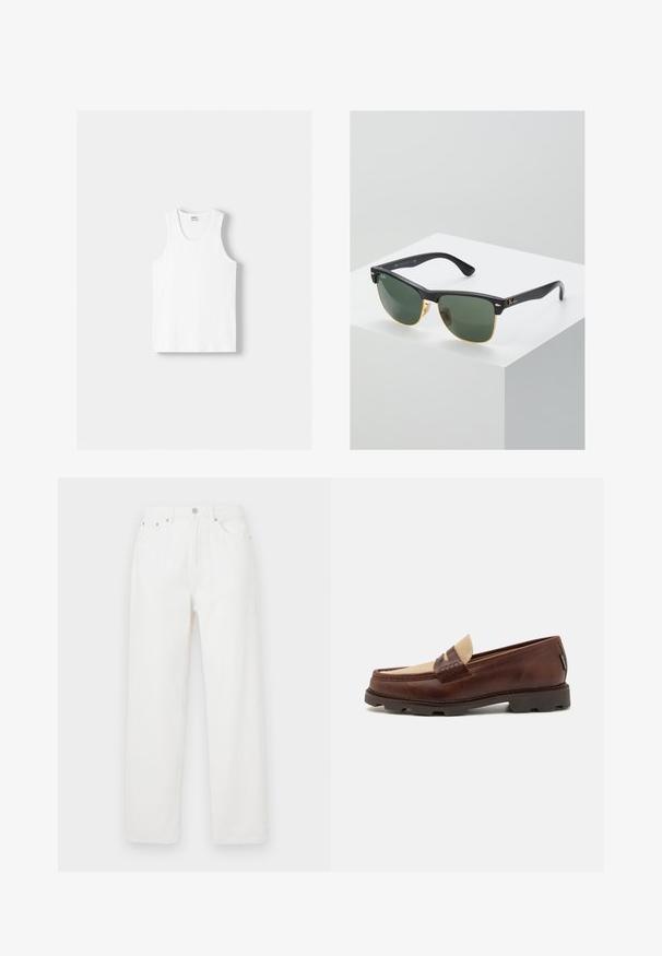 Fehér pamut ujjatlan felső kerek nyakkivágással, széles vállpántokkal és egyenes szegéllyel, sima textúrával, látható minták nélkül.; Fehér farmernadrág laza szabással, öt zsebbel, elülső gombos zárással és egyenes lábakkal. Simább textúra, látható minták nélkül.; Barna bőr loafer cipők taupe vászon díszítéssel, varrott részletekkel és texturált gumi talppal, amely a kényelemről és tartósságról gondoskodik.; Ray-Ban napszemüveg zöld lencsékkel, fekete műanyag kerettel és arany díszítéssel a széleken. Négyzet alakú, matt felülettel.