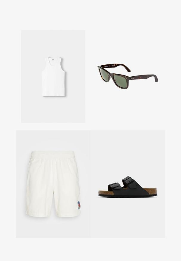 Bílý bavlněný top na ramínka s kulatým výstřihem, širokými ramínky a rovním lemem, s hladkou texturou a bez viditelných vzorů.; adidas Originals Šortky - cloud white; Černé skluzné sandály vyrobené z umělého materiálu s dvěma nastavitelnými popruhy a kovovými sponami; korková stélka a strukturovaná gumová podrážka.; Sluneční brýle Wayfarer s tmavým želvovinovým plastovým rámem, zelenými skly a stříbrným logem Ray-Ban na straně.