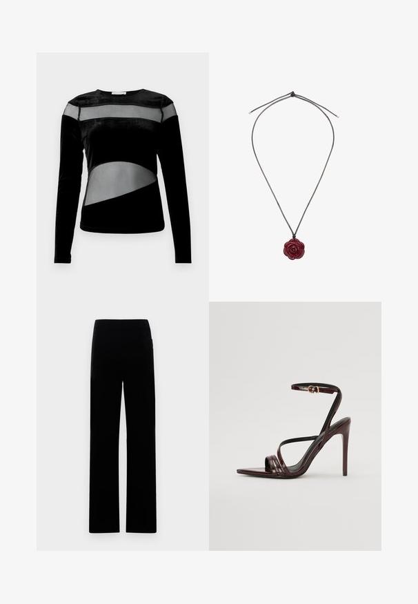 Black long-sleeve top featuring a mix of velvet and mesh panels, with geometric cutouts and a round neckline.; Black wide-leg trousers made from a soft fabric. Features a smooth texture and a flat waistband, designed for a relaxed fit.; Burgundy patent leather high-heeled sandal with an ankle strap, pointed toe, and three horizontal straps across the foot. Gold-tone buckle detail.; Red resin rose pendant on a black cord. The rose features layered petals with a glossy finish, suspended from an adjustable knot closure.