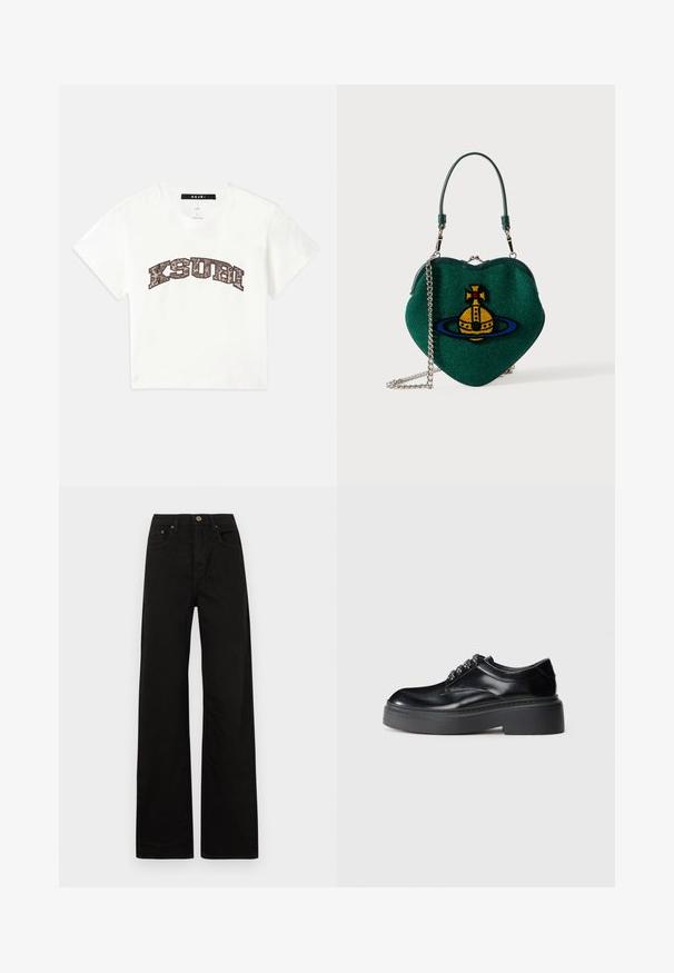 Fehér, cropped szabású pamut póló, barna kamuflázs mintával, a "KSUBI" logóval a mellkasán. Rövid ujjú, kerek nyakú.; Fekete, bő szárú farmernadrág, tartós anyagból készült. Elülső gombos záródással, övhurkokkal és két elülső zsebbe rendelkezik. Simább, egységes textúrájú.; Fekete bőrcipők lekerekített orral, vastag talpal és díszes fűződíszítéssel. Sima felület és kontrasztos varrások láthatók.; Zöld szív alakú kézitáska sárga és kék bolygó emblémával, rövid fogantyúval és ezüst láncszíjjal, fehér háttéren.