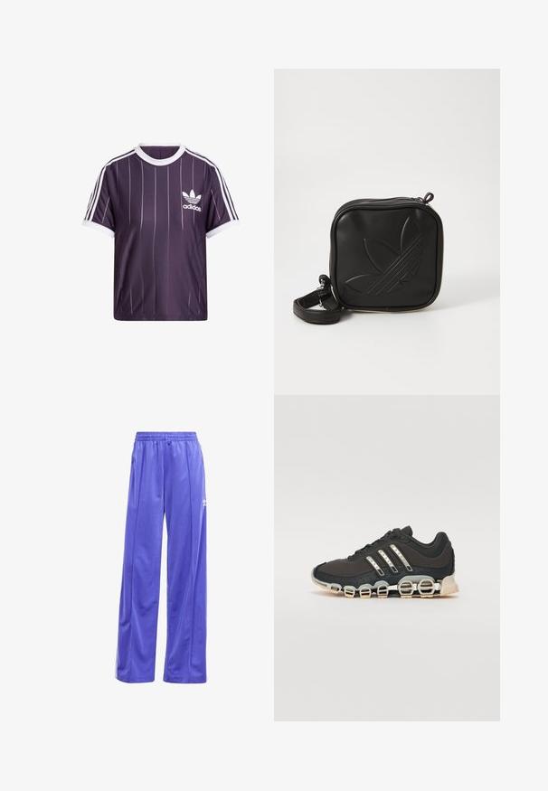 Purple athletic t-shirt with white vertical stripes, round white collar, and Adidas logo in white on the left chest. Short sleeves.; adidas Originals FIREBIRD LOOSE TRACK - Tracksuit bottoms - energy ink; Black athletic shoe with a textured upper, three silver stripes, and a distinctive cushioning sole featuring multiple integrated sections.; Black square crossbody bag made of textured synthetic material. Features an embossed logo design and adjustable strap. Zipper closure.