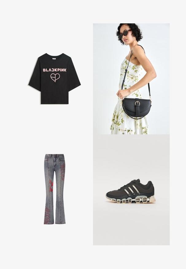 Black short-sleeve T-shirt made of cotton. Features "BLACKPINK" in bold pink letters and a pink heart graphic on the front.; Flared jeans in faded blue denim with red embroidered floral and abstract patterns on outer legs. Standard five-pocket design and belt loops.; Black athletic shoe with a textured upper, three silver stripes, and a distinctive cushioning sole featuring multiple integrated sections.; Black leather handbag with a curved shape, detachable strap, and gold hardware. The bag features a flap with a buckle detail.