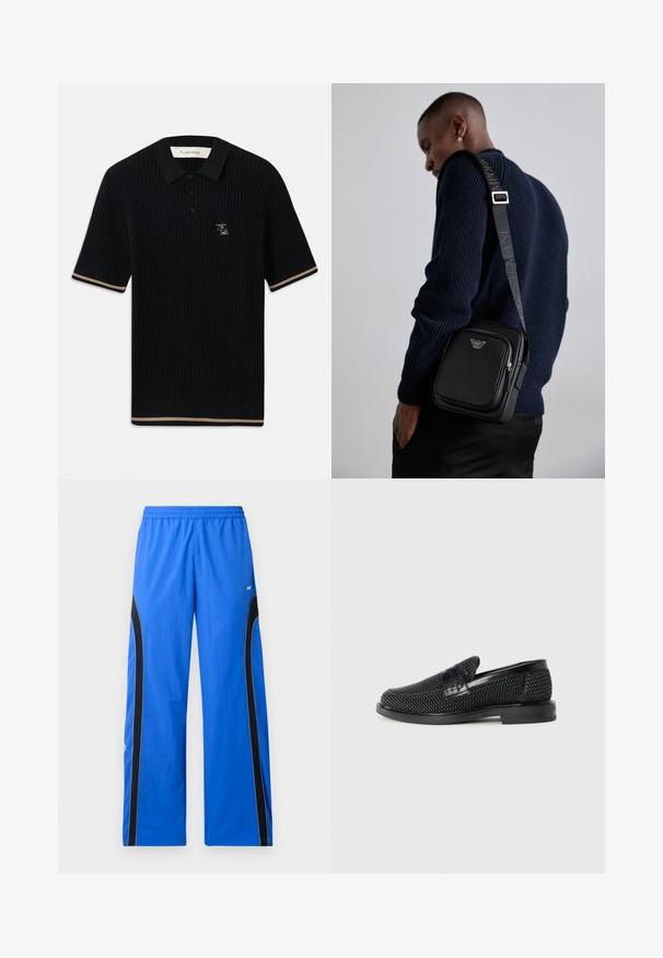 Juodas trumpomis rankovėmis juostuotas polo marškinėliai su apykakle, trimis mygtukais, smėlio spalvos apdaila ant rankovių ir atraižų, bei FP siuvinėtų logotipu kairėje krūtinėje.; Mėlynos sportinės kelnės, pagamintos iš lengvos medžiagos, su juodais šoniniais įdėklais ir baltais apdailos akcentais. Elastingas juosmuo užtikrina tvirtą prigludimą.; Juodas pintas slip-on tipo batelis su lygiu odiniu akcentu viršuje, apvalios nosies dizainas ir žemas guminis padas.; Juodas odinis kryžiumi nešiojamas krepšys su užtraukiamu skyriumi, logotipo detale ir prekinio ženklo reguliuojama juosta. Dėvimas ant tekstūrinio tamsiai mėlyno megztinio.