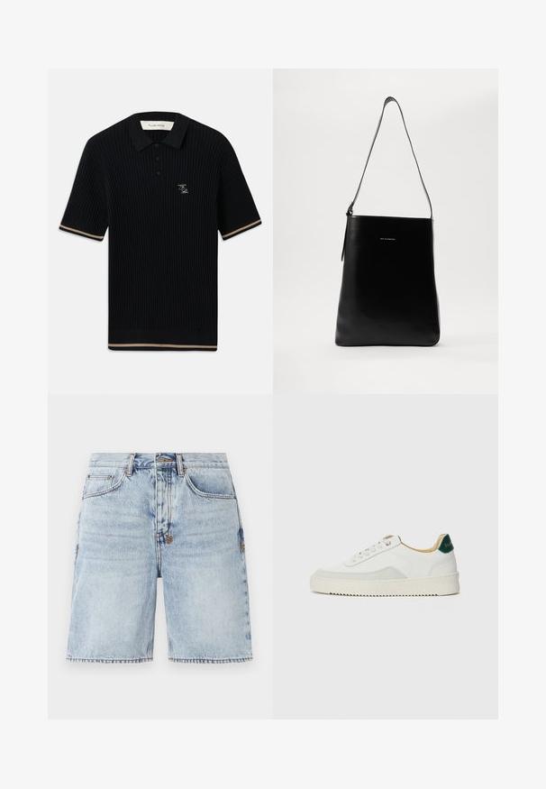 Czarna, prążkowana, krótko rękawowa koszulka polo z kołnierzykiem, trzema guzikami, beżowymi wykończeniami na rękawach i u dołu oraz haftowanym logo FP na lewej piersi.; Jasnoniebieskie szorty dżinsowe o prostym kroju, z pięcioma kieszeniami i kontrastowym przeszyciem. Surowe wykończenie u dołu. Tekstura po wstępnym praniu.; Białe trampki z zamszowymi akcentami, zaokrąglony czubek, płaskie sznurowadła i kremowa gumowa podeszwa. Posiadają zielone logo na pięcie.; Czarna skórzana torba na ramię o gładkiej fakturze, prostokątnym kształcie i długim pasku; posiada małe białe logo na środku.