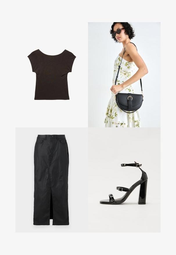 Tmavě hnědé tričko s krátkým rukávem a širokým, vykrojeným výstřihem. Vyrobeno z měkké, hladké látky s přiléhavým střihem. Žádné viditelné vzory ani ozdoby.; Černá džínová sukně s předním rozparkem, pěti kapsami a zapínáním na knoflík. Hladký povrch s viditelnými švy a středně dlouhý střih.; Černé lakované sandály na vysokém podpatku se dvěma pásky se sponami, čtvercovou špičkou a robustním blokovým podpatkem, s hladkou, lesklou texturou.; Černá kožená kabelka s křivkovým tvarem, odnímatelným popruhem a zlatými detaily. Kabelka má klopu s přezkou.
