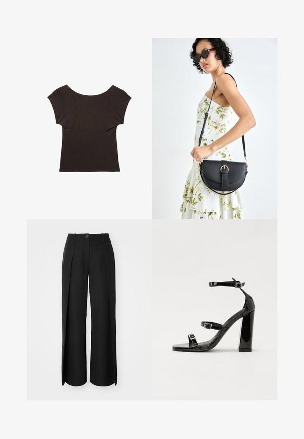 Ciemnobrązowa krótka bluzka z szerokim, okrągłym dekoltem. Wykonana z miękkiego, gładkiego materiału z dopasowanym krojem. Brak widocznych wzorów lub ozdób.; Czarne spodnie o szerokich nogawkach, wykonane z gładkiego materiału, z fałdami z przodu, pojedynczym zapięciem na guzik oraz szlufkami na pasek.; Czarne lakierowane sandały na wysokim obcasie, z dwoma paskami zapinanymi na klamry, kwadratowy nosek i masywny obcas typu słupek, o gładkiej, błyszczącej fakturze.; Czarna skórzana torebka o zakrzywionym kształcie, z odpinanym paskiem i złotymi akcentami. Torebka posiada klapę z zapięciem w kształcie klamry.