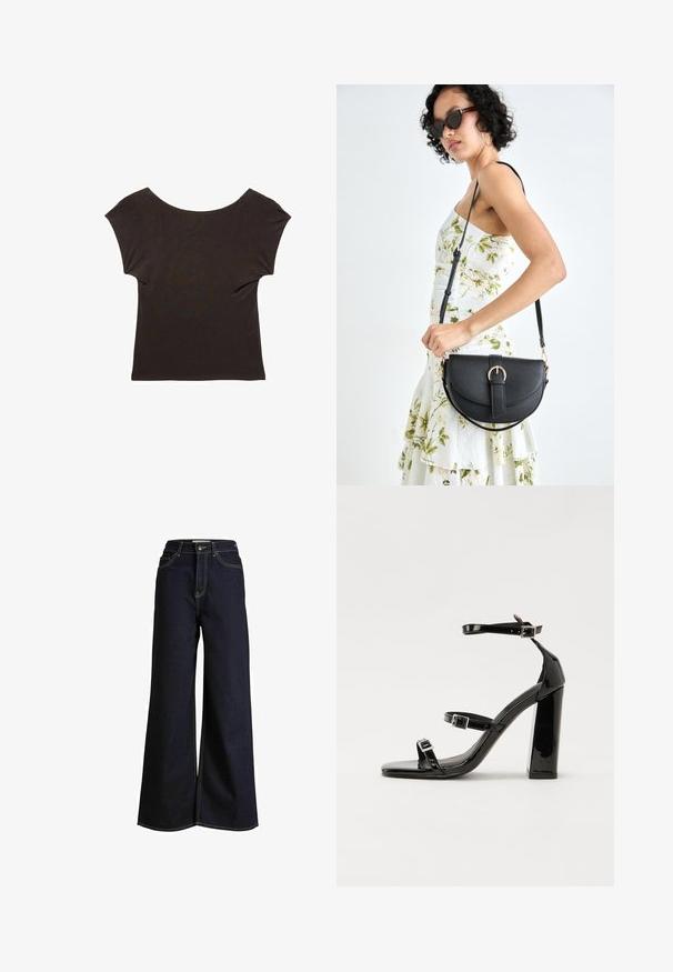 Temno rjav kratkosleečni top z širokim, izrezom v obliki kroga. Narejen iz mehke, gladke tkanine z oprijetim silhueto. Brez vidnih vzorcev ali okrasnih elementov.; Široke temne denim hlače z visokim pasom, ki imajo kontrastno rumeno šivanje in urejen, strukturiran dizajn.; Črne lakaste sandale z visokimi petami, z dvema trakovoma z zaponkama, kvadratnim sprednjim delom in masivno širšo peto, z gladko, sijočo teksturo.; Črna usnjena torbica s ukrivljeno obliko, z odstranljivo naramnico in zlatimi dodatki. Torbica ima pokrov s podrobnostmi v obliki zaponke.