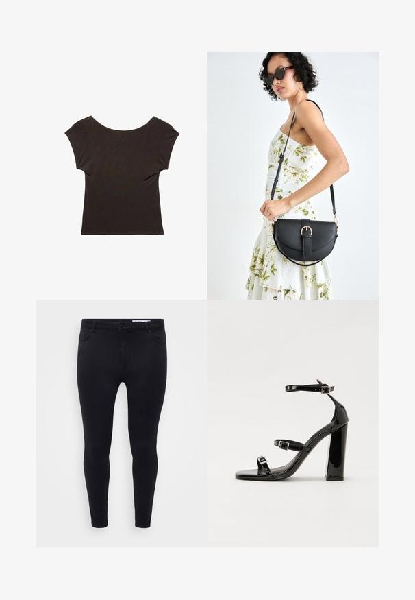 Dunkelbraunes, kurzes T-Shirt mit weitem, runden Ausschnitt. Aus weichem, glattem Stoff mit taillierter Silhouette. Keine sichtbaren Muster oder Verzierungen.; Schwarze Slim-Fit-Jeans aus dehnbarem Denim, mit einem Frontknopfverschluss, Gürtelschlaufen und fünf Taschen sowie einer glatten Textur.; Schwarze Lackleder-Sandalen mit hohen Absätzen, zwei Riemen mit Schnallen, quadratischer Zehenpartie und klobigem Blockabsatz, mit einer glatten, glänzenden Textur.; Schwarze Lederhandtasche mit geschwungener Form, abnehmbarem Tragegurt und goldenen Beschlägen. Die Tasche verfügt über einen Deckel mit einer Schnallen-Details.