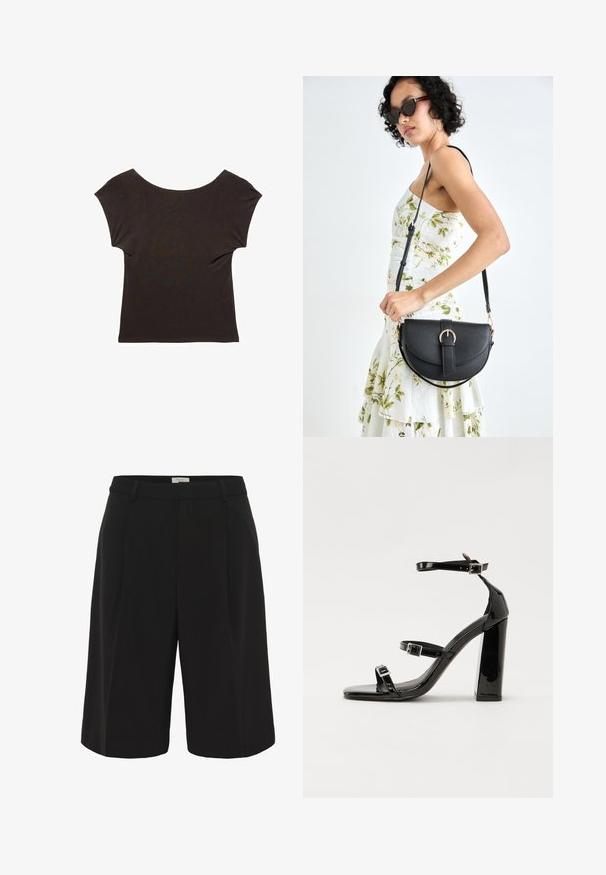 Haut marron foncé à manches courtes avec un décolleté large et dégagé. Fabriqué en tissu doux et lisse, avec une silhouette ajustée. Pas de motifs ni d'ornements visibles.; Part Two KAIRAPW - Short - black; Sandales à talons hauts en cuir verni noir avec deux brides à boucles, bout carré et talon bloc épais, présentant une texture lisse et brillante.; Sac à main en cuir noir avec une forme courbée, bandoulière amovible et des accessoires en or. Le sac est doté d'un rabat avec un détail de boucle.