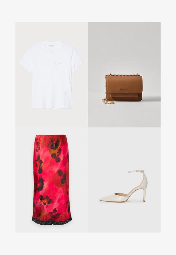 White cotton t-shirt with short sleeves, round neckline, and a small black "VICTORIA BECKHAM" logo on the chest. Minimalist design.; Satin midi skirt featuring a pink watercolor floral pattern with black accents and lace trim at the hem. Smooth texture, fitted silhouette.; White leather high-heeled shoe with a pointed toe, ankle strap, and a slim stiletto heel. Smooth texture with subtle glossy finish.; Brown textured leather crossbody bag with gold chain strap and flap closure. Front features logo detail and a pocket under the flap.