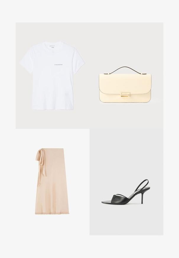 Hvid bomulds t-shirt med korte ærmer, rund halsudskæring og et lille sort "VICTORIA BECKHAM" logo på brystet. Minimalistisk design.; Beige omslagskjørt lavet af blødt stof med en tekstureret overflade, der har en bundet accent på den ene side og en frynset kant i bunden.; Sorte læder slingback stilethæle med spidse tæer, tynd ankelrem og stilettohæle. Har en knyttet detalje på vamps.; Cremefarvet læderhåndtaske med top-hank og guldfarvet rektangulær lås på en plain lys baggrund.