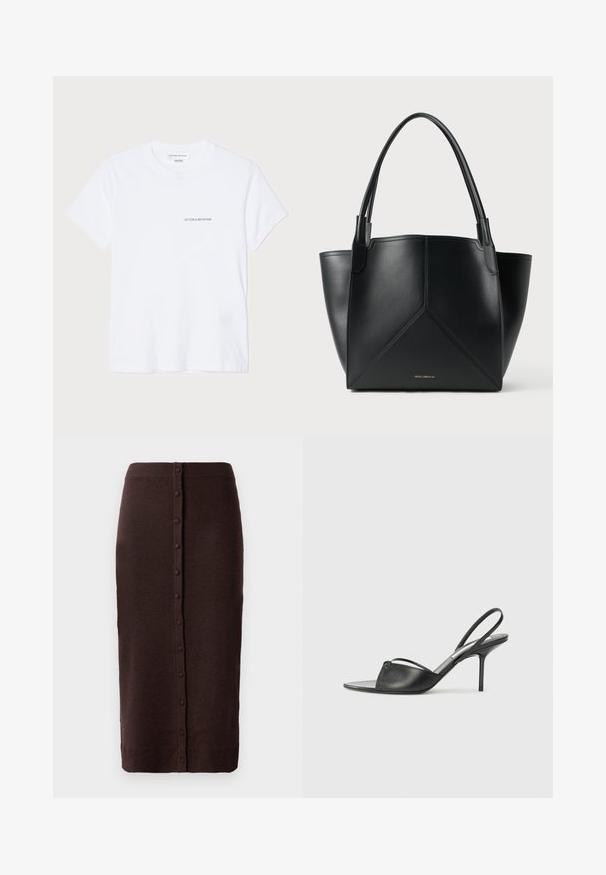Biała bawełniana koszulka z krótkim rękawem, okrągłym dekoltem i małym czarnym logo "VICTORIA BECKHAM" na piersi. Minimalistyczny design.; Brąskowa dzianinowa spódnica z prążkowanym paskiem w pasie i prostym krojem. Posiada centralny zamek z guzikami biegnący wzdłuż tyłu.; Czarne skórzane sandały na wysokim obcasie z ostro zakończonym noskiem, cienkim paskiem wokół kostki i obcasem typu stiletto. Posiadają węzeł na przodzie.; Czarna skórzana torba typu tote z geometrycznym wzorem, z dwoma uchwytami i złotym logo z przodu. Gładka tekstura i strukturalny kształt.