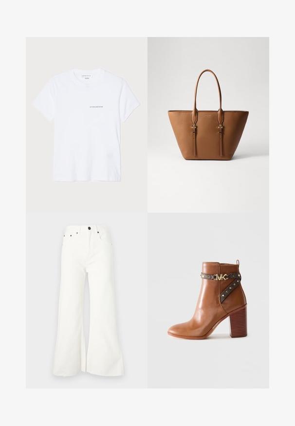 T-shirt de algodão branca com mangas curtas, decote redondo e um pequeno logótipo preto "VICTORIA BECKHAM" no peito. Design minimalista.; Calças de ganga brancas flare com uma cintura alta, cinco bolsos e detalhes de bainha crua. Dispõem de elementos em metal e fecho de botão.; Bota de tornozelo em couro castanho com salto bloco empilhado, tira lateral com studs dourados e fivela com o logotipo "MK" dourado.; Bolsa tote de couro castanho com superfície texturizada, forma afilada, duas alças robustas e detalhes decorativos em metal dourado.