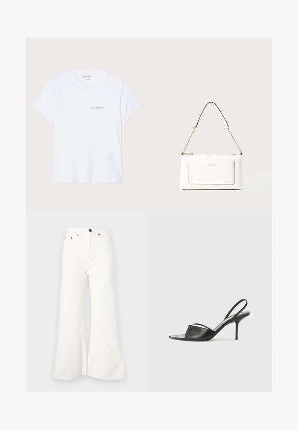 T-shirt en coton blanc à manches courtes, col rond, avec un petit logo noir "VICTORIA BECKHAM" sur la poitrine. Design minimaliste.; Jean en denim blanc évasé avec taille haute, cinq poches et finitions brutes. Caractéristiques en métal et fermeture à bouton.; Escarpins en cuir noir à talon décolleté, avec un bout pointu, une fine bride de cheville et un talon aiguille. Présente un détail noué sur le devant.; Sac à main en cuir blanc avec un fini texturé, doté d'une bandoulière en chaîne dorée et d'accents noirs. Comprend une poche avant et une fermeture éclair.