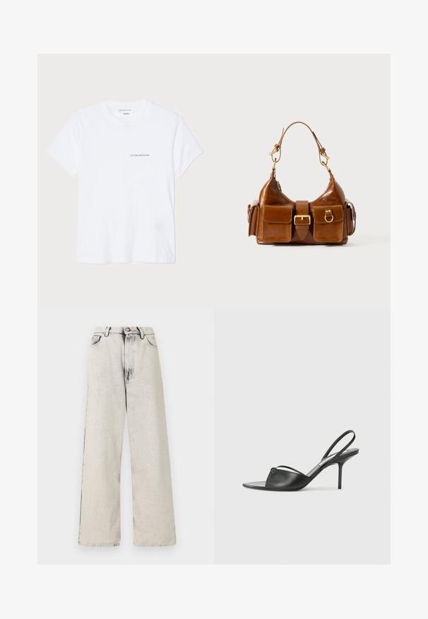 White cotton t-shirt with short sleeves, round neckline, and a small black "VICTORIA BECKHAM" logo on the chest. Minimalist design.; Wide-leg jeans in a light beige color with faded, distressed accents. Features five pockets and a metal button closure at the waist.; Black leather slingback heels with a pointed toe, thin ankle strap, and stiletto heel. Features a knotted detail on the vamp.; Brown leather handbag with a curved shape, dual gold-tone hardware, two front pockets, and a wide strap. Smooth texture with a sleek finish.