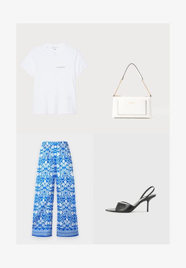 White cotton t-shirt with short sleeves, round neckline, and a small black "VICTORIA BECKHAM" logo on the chest. Minimalist design.; Blue and white wide-leg pants with elastic waistband and intricate floral damask pattern, featuring decorative border near the hem.; Black leather slingback heels with a pointed toe, thin ankle strap, and stiletto heel. Features a knotted detail on the vamp.; White leather handbag with a textured finish, featuring a gold chain strap and black accents. Includes a front pocket and zipper closure.