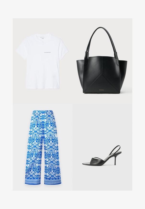 Tricou alb din bumbac, cu mâneci scurte, decolteu rotund și un mic logo negru "VICTORIA BECKHAM" pe piept. Design minimalist.; Pantaloni largi alb-albaștri cu talie elastică și un model damasc floral complicat, având o margine decorativă aproape de tiv.; Cizme cu toc înalt din piele neagră, cu vârf ascuțit, curea subțire la glezne și toc stiletto. Prezintă un detaliu legat pe vamp.; Geantă tote din piele neagră cu un design geometric, având două mânere și un logo auriu pe partea din față. Textură netedă și formă structurată.