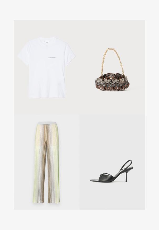 Baltas kokvilnas T-krekls ar īsām piedurknēm, apaļu kakla izgriezumu un mazu melnu "VICTORIA BECKHAM" logo uz krūtīm. Minimālistisks dizains.; Platas kājas bikses ar vertikālām svītrām pasteļu krāsās - zaļā, zeltainā un baltā. Izgatavotas no teksturēta, mirdzoša auduma ar elastīgu jostu.; Melnas ādas siksniņu augstpapēžu kurpes ar norādītu purngalu, plānu potītes siksniņu un stiletto papēdi. Arī ar sasietu detaļu uz vamp.; Melns un krēms ziedu raksta auduma soma ar savelkamu dizainu, kurai ir zelta ķēdes rokturis un metāliski akcenti.