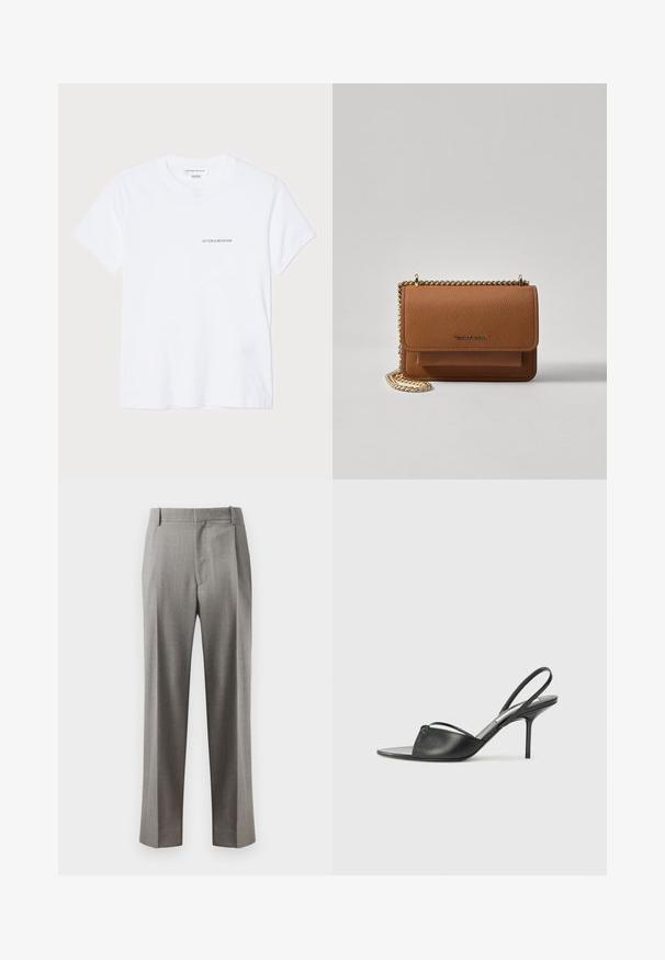 Bela bombažna majica s kratkimi rokavi, okroglo izrezana in z majhnim črnim logotipom "VICTORIA BECKHAM" na prsih. Minimalističen dizajn.; Sive prirejene hlače z ravnim nogavicom, ravnim sprednjim delom in subtilno teksturo blaga. Oblikovane so z bočnimi žepi in zankami za pas.; Črni usnjeni slingback petni čevlji z ostrim nosom, tankim zapestnim trakom in stiletto peto. Imajo zanko na površini.; Rjava teksturirana usnjena torba čez ramo z zlatim verižnim trakom in zapiranjem na pokrov. Spredaj je vidna podrobnost logotipa in žep pod pokrovom.