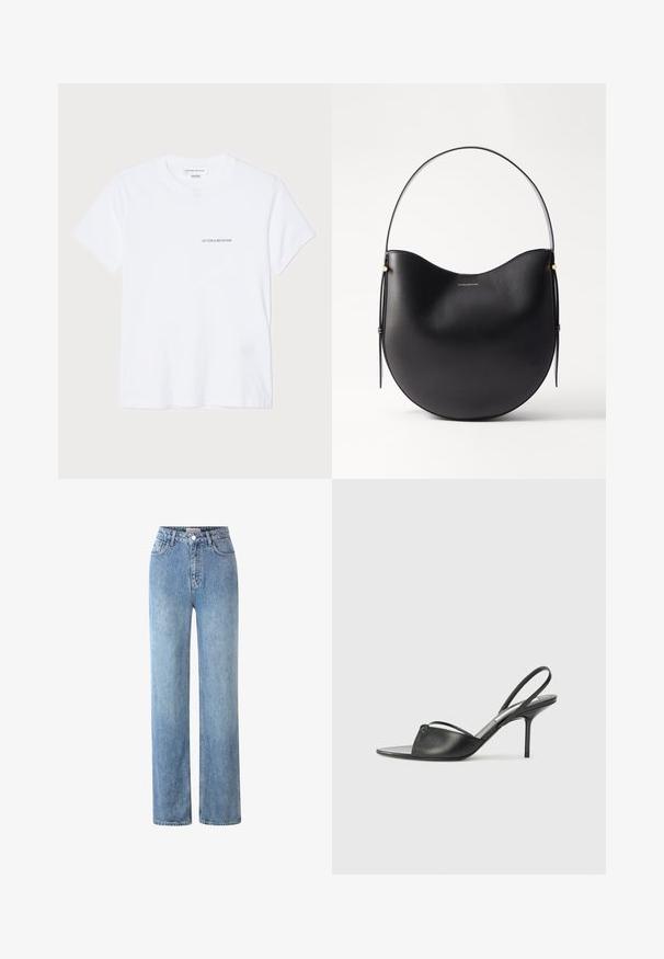 Camiseta blanca de algodón con mangas cortas, cuello redondo y un pequeño logo negro "VICTORIA BECKHAM" en el pecho. Diseño minimalista.; Vaqueros de tiro alto en azul claro, hechos de denim, con un diseño de pierna recta, cinco bolsillos y cierre de botón metálico.; Tacones slingback de cuero negro con punta afilada, tira delgada en el tobillo y tacón de aguja. Presenta un detalle anudado en el empeine.; Bolso de hombro de cuero negro con forma curvada, asas finas y sutiles acentos dorados. Textura suave con un diseño minimalista.