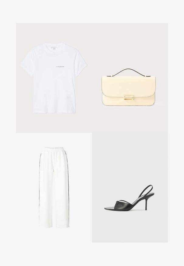 Valge puuvillane T-särk lühikeste varrukatega, ümar kaelus ja väike must "VICTORIA BECKHAM" logo rinnal. Minimalistlik disain.; Valged laiad püksid elastse vöökohtaga ja mustade külgtuultega. Sile kangastekstuuri ja mugava lõikega, mis on lõdva istuvusega kogu jala ulatuses.; Mustaid nahk slingback kontsad terava nokaga, peene pahklu rihmaga ja stilettokandaga. Omab sõlme detaili vampi peal.; Kreemivärvi nahast käekotil on ülemine käepide ja kuldsetooniline ristkülikukujuline klamber, mis on paigutatud ühelevärvilisele heledale taustale.