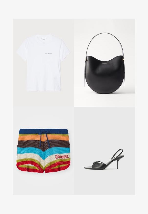 Biela bavlnená tričko s krátkymi rukávmi, okrúhlym výstrihom a malým čiernym logom "VICTORIA BECKHAM" na hrudi. Minimalistický dizajn.; Pletené šortky s horizontálnymi pruhmi v modrej, oranžovej, hnedej, tyrkysovej, smotanovej, zelenej a červenej farbe, s námorníckou šnúrkou a červeným logom "Dsquared2".; Čierne kožené sandále na podpätku s ostrou špičkou, tenkým členkovým remienkom a stiletto podpätkom. Obsahujú uzlový detail na hornej časti.; Čierna kožená taška cez rameno s prehnutým tvarom, tenkým uchom a jemnými zlatými akcentmi. Hladká textúra s minimalistickým dizajnom.