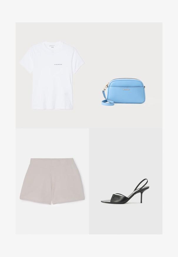 White cotton t-shirt with short sleeves, round neckline, and a small black "VICTORIA BECKHAM" logo on the chest. Minimalist design.; Elastic waist beige cotton shorts with a textured finish, featuring a straight cut and no visible pockets or detailing.; Black leather slingback heels with a pointed toe, thin ankle strap, and stiletto heel. Features a knotted detail on the vamp.; Light blue leather crossbody bag with gold-tone hardware, zip closure, and a front pocket. Features an adjustable strap for convenience.