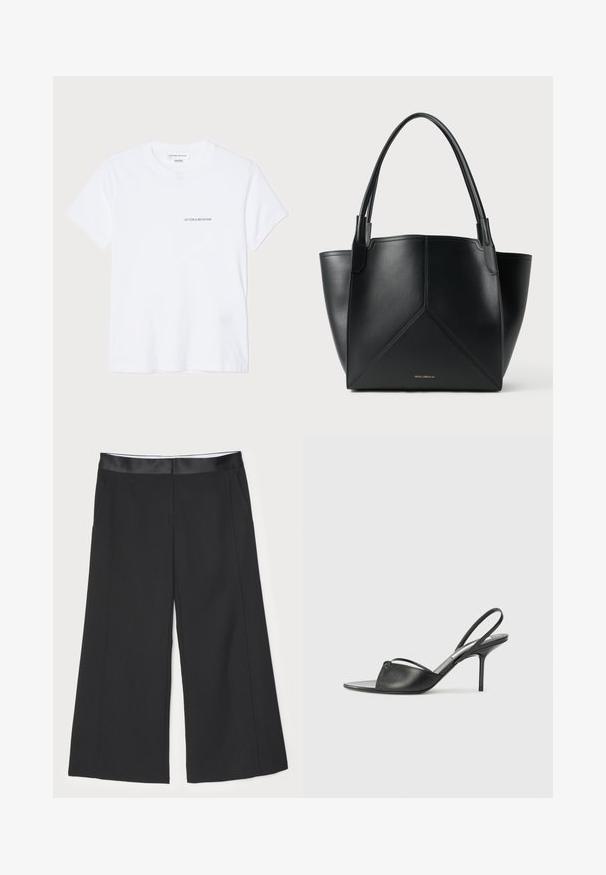 Bijela pamučna majica kratkih rukava, s okruglim izrezom i malim crnim logotipom "VICTORIA BECKHAM" na prsima. Minimalistički dizajn.; Crne široke hlače s glatkim satenskim pojasom, dva bočna džepa i čistim, krojenim dizajnom. Ravna prednja strana bez vidljivih uzoraka.; Crne kožne sandale sa otvorenom petom, s izduženim nosom, tankim remenom oko gležnja i stiletto potpeticom. Imaju čvorasti detalj na prednjem delu.; Crna kožna torba s geometrijskim dizajnom, koja ima dva ručka i zlatni brend na prednjem dijelu. Glatka tekstura i strukturirani oblik.