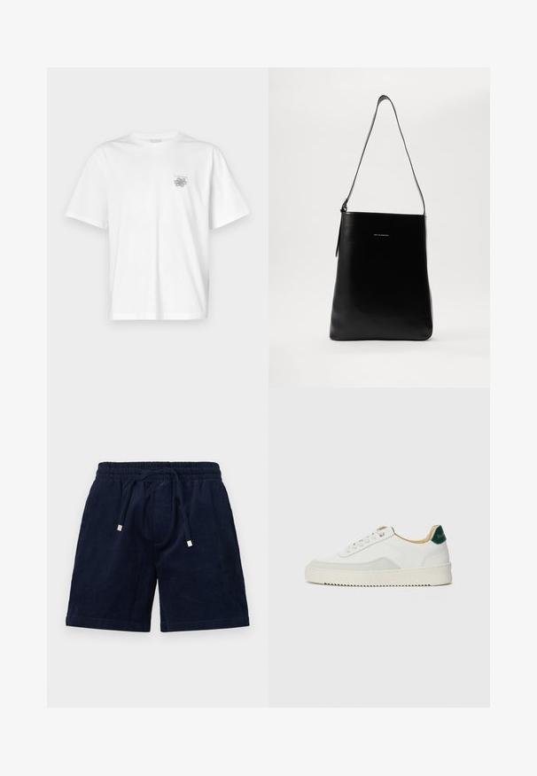 Baltas kokvilnas T-krekls ar īsām piedurknēm, apaļu dekoltē un mazu pelēku logo kreisajā krūšu daļā. Gluda tekstūra.; Tumši zili korduroja šorti ar elastīgu jostu, regulējamu auklu un zeltītām metāla galiņām. Izgatavoti ar mīkstu tekstūru un taisnu griezumu.; Baltas sneakers ar zamša akcentiem, noapaļota purngala, plakaniem auklām un krēmkrāsas gumijas zoli. Ar zaļu zīmolu uz papēža.; Melnas ādas pleca soma ar gludu tekstūru, taisnstūra formu un garu siksnu; centrā ir neliels balts logotips.