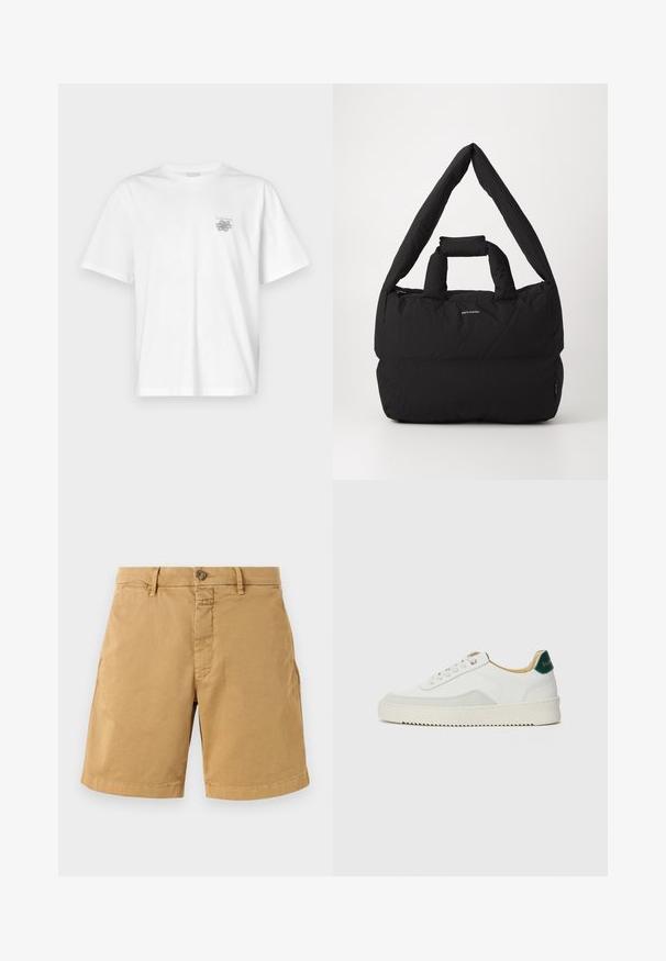 Biela tričko vyrobené z bavlny, s krátkymi rukávmi, okrúhlym výstrihom a malým šedým logom na oblasti ľavej hrude. Hladká textúra.; Béžové bavlnené šortky so zapínaním na gombík, poutkami na opasok a prešitými lemami. Obsahujú dve predné vrecká a klasický rovný strih nohavíc.; Biele tenisky s semišovými akcentmi, zaoblenou špičkou, plochými šnúrkami a krémovou gumovou podrážkou. Na päte sú zelené značky.; Čierna vypchaná taška s širokým, mäkkým ramenným popruhom a hornou rúčkou. Obsahuje zips a diskrétny logotyp na prednej strane.
