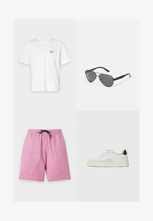 Bijela majica od pamuka s kratkim rukavima, okruglim izrezom i malim sivim logotipom na lijevoj strani prsnog područja. Glatka tekstura.; Roze kupaće gaće s uzorkom, s elastičnim pojasom i crnom žicom za stezanje. Materijal izgleda lagano s teksturiranom površinom.; Bijele tenisice s akcentima od antilopa, zaobljenim vrhom, ravnim vezicama i krem gumenim potplatom. Imaju zelenu oznaku na peti.; Crne avijatorske sunčane naočale s tamnim staklima, tankim metalnim okvirom i vitkim plastičnim drškama koje imaju akcentuirane logotipe.
