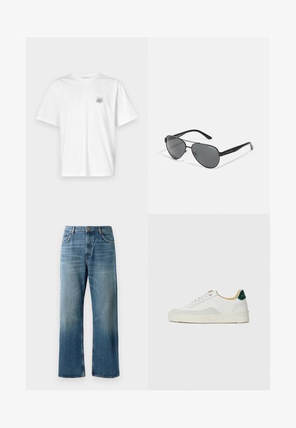 Bijela majica od pamuka s kratkim rukavima, okruglim izrezom i malim sivim logotipom na lijevoj strani prsnog područja. Glatka tekstura.; Svijetloplave traperice širokih nogavica s izblijedjelim pranjem, s jednim gumbom za zatvaranje, pet džepova i kontrastnim šavovima.; Bijele tenisice s akcentima od antilopa, zaobljenim vrhom, ravnim vezicama i krem gumenim potplatom. Imaju zelenu oznaku na peti.; Crne avijatorske sunčane naočale s tamnim staklima, tankim metalnim okvirom i vitkim plastičnim drškama koje imaju akcentuirane logotipe.