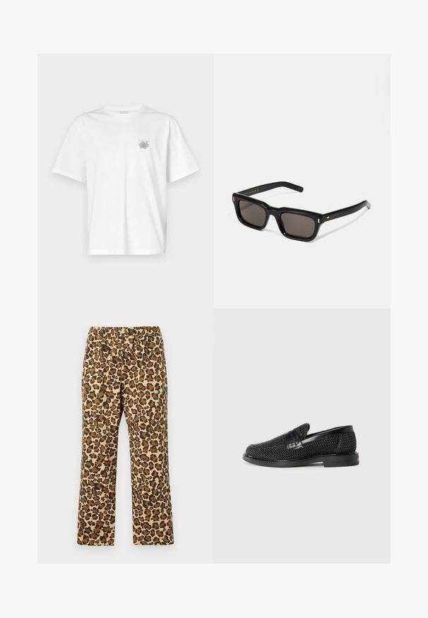 White t-shirt made of cotton featuring short sleeves, a crew neck, and a small gray logo on the left chest area. Smooth texture.; Leopard print trousers in tan, brown, and black. Features an elastic waistband and relaxed, straight-leg design. Lightweight fabric.; Black woven slip-on shoe with a smooth leather accent on the upper, a round toe design, and a low-profile rubber sole.; Black rectangular sunglasses with dark lenses, thick plastic frame, gold accents on temples, and brand logo engraved on the arm.