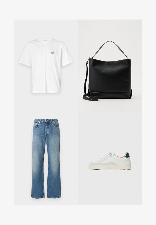 Bela majica iz bombaža s kratkimi rokavi, okroglim izrezom in majhnim sivim logotipom na levi strani prsnega dela. Gladka tekstura.; Svetlo modri traper hlače z širokim krojem, ravnim rezom, petimi žepi in gumbom za zapiranje na pasu. Po celotni površini so rahlo zbledele.; Bela trenerka z zaključki iz semiša, okroglo konico, ravne vezalke in kremna gumijasta podplata. Ima zeleno blagovno znamko na peti.; Črna usnjena torbica z narahčanim zaključkom, ukrivljenim vrhom in snemljivim trakom. Ima preprost dizajn z minimalno strojno opremo.