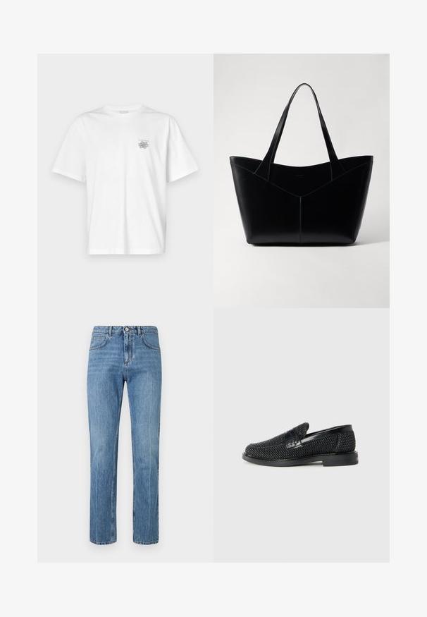 Balta medvilninė marškinėlių, su trumpomis rankovėmis, apykaklė nei per aukšta, nei per žema, ir mažas pilkas logotipas kairėje krūtinės pusėje. Lygi tekstūra.; Mėlyni tiesūs, aukštu liemeniu džinsai su priekiniais mygtukais, užtrauktuku, diržo kilpelėmis ir penkių kišenių dizainu ant baltos fono.; Juodas pintas slip-on tipo batelis su lygiu odiniu akcentu viršuje, apvalios nosies dizainas ir žemas guminis padas.; Juodas odinis rankinės krepšys su apkurtinta forma, turintis dvi ilgas rankenas ir V formos siūlę priekyje. Lygus paviršius.