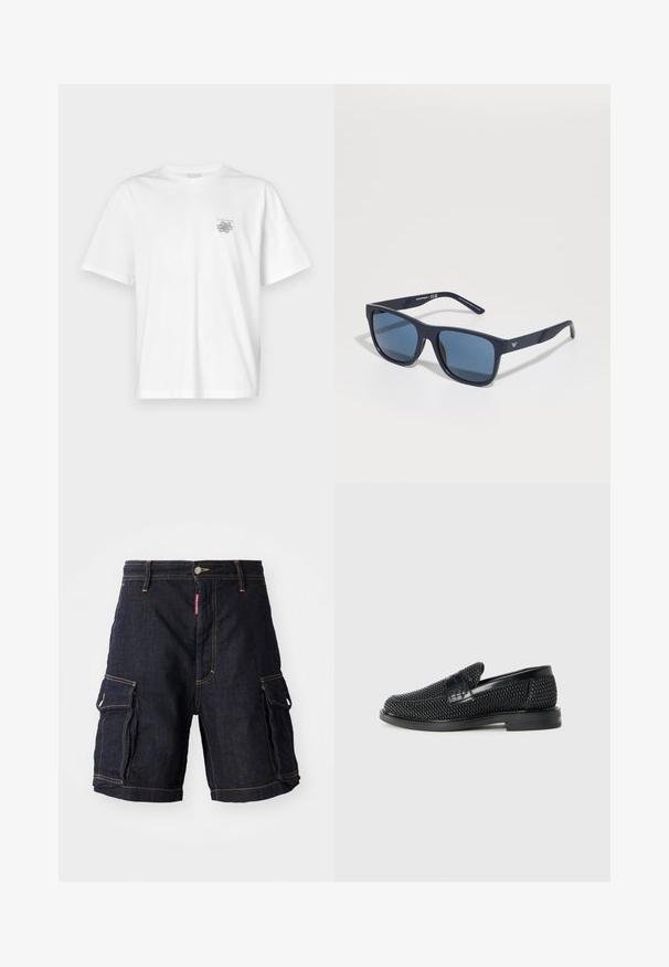 T-shirt blanc en coton avec des manches courtes, un col ras du cou et un petit logo gris sur la partie gauche de la poitrine. Texture lisse.; Shorts cargo en denim bleu foncé avec plusieurs poches latérales, coutures jaunes et une taille à boutons. Le matériau est robuste et durable.; Chaussure slip-on tissée noire avec un accent en cuir lisse sur le dessus, un design à bout rond et une semelle en caoutchouc à profil bas.; Lunettes de soleil rectangulaires bleues avec verres foncés, monture mate marine, détail de logo sur la branche, branches droites et texture lisse et uniforme.