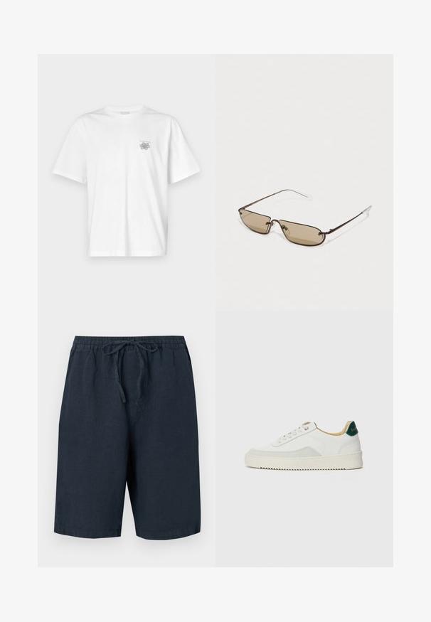 Bílá bavlněná trička s krátkým rukávem, kulatým výstřihem a malým šedým logem na levé části hrudi. Hladká textura.; Tmavě modré lněné šortky s elastickým pasem a nastavitelnou šňůrkou. Mají boční kapsy a volný střih.; Bílé tenisky se semišovými prvky, kulatou špičkou, plochými tkaničkami a krémovou gumovou podrážkou. Na patě mají zelené logo.; Hnědé kovové obdélníkové sluneční brýle s hnědými zabarvenými skly a tenkými průhlednými koncovkami ramínek, s minimalistickým designem a diskrétním logem.