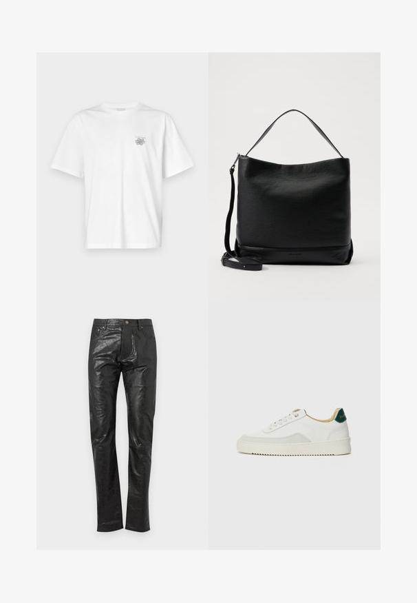 Bela majica iz bombaža s kratkimi rokavi, okroglim izrezom in majhnim sivim logotipom na levi strani prsnega dela. Gladka tekstura.; Črne hlače iz umetnega usnja s ravnim krojem, klasičnim petim žepnim dizajnom ter rahlim leskom in gladko teksturo.; Bela trenerka z zaključki iz semiša, okroglo konico, ravne vezalke in kremna gumijasta podplata. Ima zeleno blagovno znamko na peti.; Črna usnjena torbica z narahčanim zaključkom, ukrivljenim vrhom in snemljivim trakom. Ima preprost dizajn z minimalno strojno opremo.