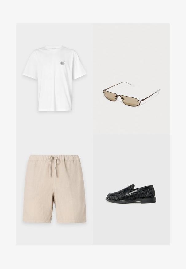 White t-shirt made of cotton featuring short sleeves, a crew neck, and a small gray logo on the left chest area. Smooth texture.; 120% Lino MEN BERMUDA - Shorts - sand; Black woven slip-on shoe with a smooth leather accent on the upper, a round toe design, and a low-profile rubber sole.; Brown metal rectangular sunglasses with brown tinted lenses and thin, clear temple tips, featuring a minimalist design and subtle branding.