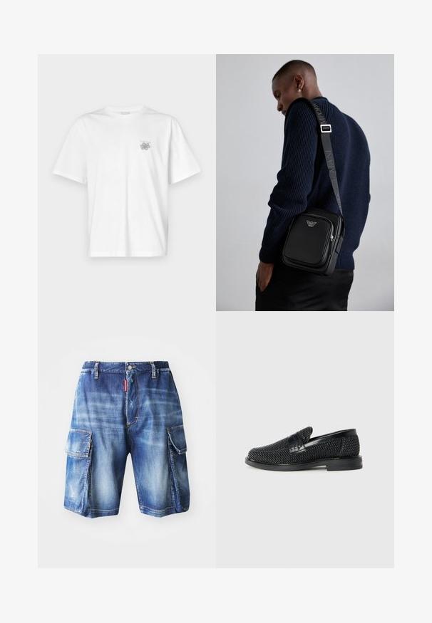 Camiseta blanca de algodón con mangas cortas, cuello redondo y un pequeño logo gris en el lado izquierdo del pecho. Textura suave.; Bermudas de mezclilla con un corte holgado, lavado azul claro, dos bolsillos laterales grandes y un sutil desgastado, con una cinturilla elástica.; Zapato negro de tejido con un acento de cuero suave en la parte superior, diseño de punta redonda y suela de goma de perfil bajo.; Bolso cruzado de cuero negro con un compartimento con cremallera, detalle de logo y una correa ajustable de marca. Llevado sobre un suéter de punto azul marino.
