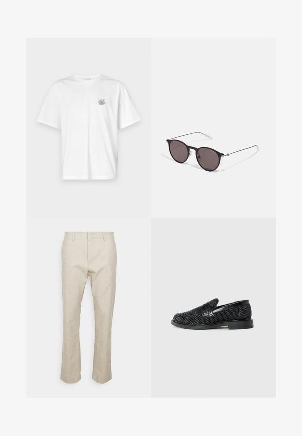 Valge puuvillane T-särk lühikeste varrukatega, ümmarguse kaelusega ja väike hall logo vasakul rinnaosal. Sile tekstuur.; Beez linased püksid sirgete jalgadega, esi-taskud ja sile tekstuur. Minimalistlik disain; nähtavad mustrid või riistad puuduvad.; Must musta kootud slip-on king, millel on pehme nahast accent ülaserval, ümmargune varvas ja madal profiiliga kummitald.; Mustad mustad prillid tumedate läätsedega ja õhukeste metallist käepidemetega. Kaarja kujuga seljaosa ja hõbedased aktsendid hingel. Minimalistlik disain.