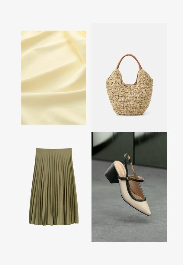 Vaaleankeltainen kangas, jossa on pehmeä ja sileä pinta, esittäen helliä poimuja ja hienovaraista kiiltoa, sopii vaatteisiin tai verhoiluun.; Oliivinvihreä keskipitkä, laskostettu hame, jossa on vyötärö ja piilotettu takavetoketju.; Beige slingback-kengät, joissa on musta reuna, kultahakas, ja paksu lohkoheel, harmaalla lattialla tummanvihreää taustaa vasten.; Kudotusta olkipussista, jossa on luonnollinen tekstuuri ja pehmeä, orgaaninen muoto, joka on varustettu ruskeilla nahkakahvoilla helppoa kantamista varten.