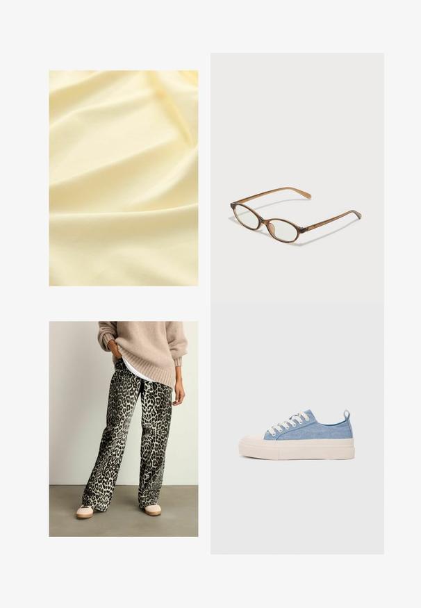 Vaaleankeltainen kangas, jossa on pehmeä ja sileä pinta, esittäen helliä poimuja ja hienovaraista kiiltoa, sopii vaatteisiin tai verhoiluun.; Eläinkuosilla varustetut mustat ja harmaat leveälahkeiset housut, valmistettu pehmeästä kankaasta, yhdistetty beigeen neulepaitaan ja vaaleisiin kenkiin.; Vaaleansiniset kangaskengät, joissa on kerma värinen kuminen varvaskuppi ja pohja, valkoiset nauhat ja vetotappi kantapäässä.; Ruskeat kilpikonnaruutulasiset silmälasit, joissa ovaalit linssit, ohuet varret ja läpinäkyvät yksityiskohdat. Temppeleissä on huomaamaton logo. Suunnittelultaan suora ja kevyt.