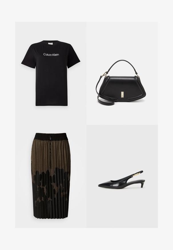 Black cotton t-shirt with short sleeves, featuring a white logo "Calvin Klein" printed across the chest. Classic crew neck design.; Black pleated skirt with a mesh overlay featuring a dotted pattern, elastic waistband with drawstring, and a mid-length cut.; Black leather slingback heels with a pointed toe, featuring a slim heel and a gold-tone accent on the adjustable strap. Smooth texture.; Black leather handbag with a structured design, featuring a cropped shape, top handle, and gold hardware accent. Adjustable shoulder strap included.