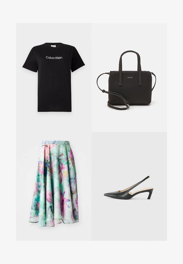 Crna pamučna majica s kratkim rukavima, s bijelim logotipom "Calvin Klein" otisnutim preko grudi. Klasični dizajn s okruglim izrezom.; Marc Cain Suknja A kroja - light green; Crne cipele s izduženim vrhom i remenom oko pete, s niskom petom, izrađene od glatke kože i s izrezbarenom stranom radi prozračnosti.; Crna torba s dva kratka ručka i uklonjivom naramenicom. Glatki materijal nalik koži s zatvaračem na zatvaranje i detaljem s logom.