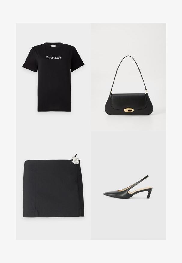 Schwarzes Baumwoll-T-Shirt mit kurzen Ärmeln, mit einem weißen Logo "Calvin Klein", das quer über die Brust gedruckt ist. Klassisches Rundhalsausschnitt-Design.; Schwarze Rock mit einem eleganten Design, geradem Schnitt und glatter Textur. Beinhaltet ein weißes Akzentdetail aus Hardware an der Seite.; Schwarzer spitz zulaufender Slingback-Schuh mit niedrigem Absatz, der aus glattem Leder gefertigt ist und seitliche Ausschnitte für Atmungsaktivität aufweist.; Schwarze Lederhandtasche mit geschwungenem Design, Beschlägen in Goldfarbe und einem oberen Griff. Verfügt über einen eleganten Verschluss und eine glatte Textur.