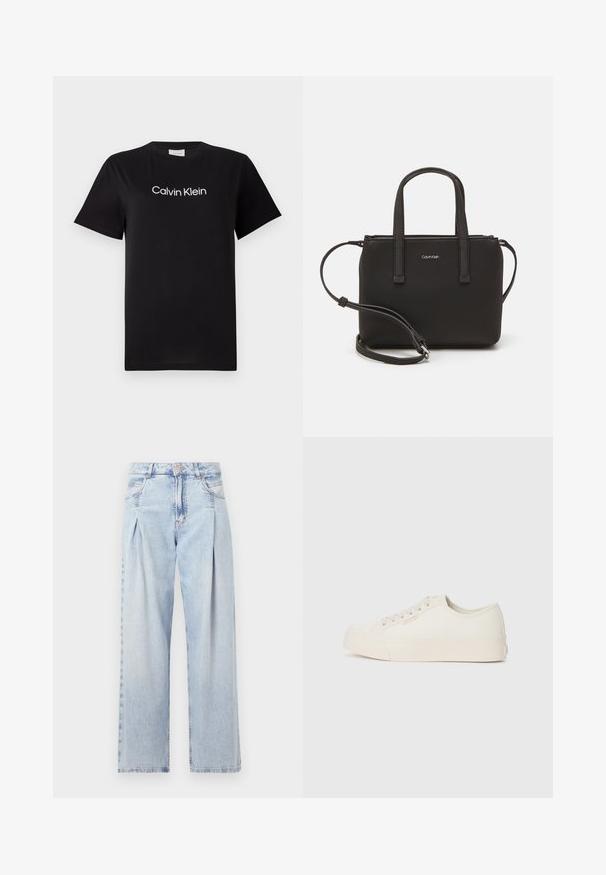 Camiseta de algodón negra con mangas cortas, que presenta un logo blanco "Calvin Klein" impreso en el pecho. Diseño clásico de cuello redondo.; Jeans de mezclilla azul claros con cintura alta, corte de pierna ancha, dos bolsillos laterales y un diseño plisado. Textura suave con un acabado deslavado.; Zapatillas de lona color marfil, con un diseño de corte bajo, punta redonda y suela de goma plana con un sutil detalle de costura.; Bolso de mano negro con dos asas cortas y una correa de hombro removible. Material suave tipo cuero con cierre de cremallera y detalle del logo.