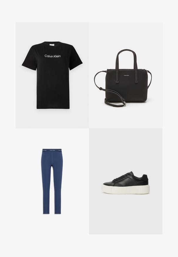 Črna bombažna majica s kratkimi rokavi, z belim logotipom "Calvin Klein" natisnjenim čez prsa. Klasična zasnova s krožnim izrezom.; Tamnomodre legice iz raztegljivega materiala, z gladko teksturo in elastičnim pasom s tiskanim logotipom Calvin Klein.; Črne usnjene superge z zaobljenim prstom, belim platformskim podplatom in črnimi vezalkami. Imajo subtilen logotip na peti in gladko teksturo.; Črna torbica z dvema kratkima ročajema in odstranljivim naramnim trakom. Gladek usnju podoben material z zadrgo in podrobnostmi z logotipom.