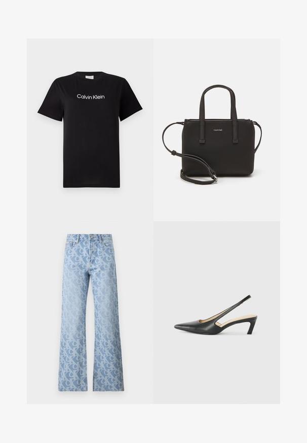 Must musta T-särk lühikeste varrukatega, millel on rinnal valge logo "Calvin Klein". Klassikaline ümmargune kaelus.; Heledad sinine denim-tehnika, millel on laiad sääred ja mis on kaetud omavahel põimuvate tähtede mustriga, mis on veidi tumedamas varjus. Klassikaline viie tasku disain.; Must mustaga, terav varvas, madala kontsaga sildiga king, mis on valmistatud siledast nahast ja mille küljel on lõike disain hingavuse tagamiseks.; Musthave mustrans vöö ja eemaldatav õlarihm. Gludike nahk siledaga, millel on tõmblukk ja logo detail.